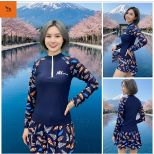 Bikini Bigsize75kg ĐỒ BƠI NỮ NES Bikini đi biển hai mảnh dây kéo trước phối họa tiết dài tay khoá kéo phối váy hoạ tiết hoa lá xanh dương NVH001
