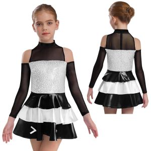 Kids Girls Jazz Dance Performance Costume Cheer Cheerleader Dress Cold Shoulder Long Sleeve Shiny Sequin Ruffled Dress Dancewear2026