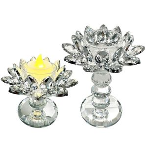 DFVDS Bright Crystal Lotus Candlestick Elegant Durable Glass Candle Stand Widely Use Flat Bottom Lotus Flower Figurines Party