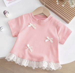 Coquette Ribbon Design Lace Ruffle Hem Blouse Trendy Cute Girly Rib Cotton Blouse for 2-8Y Kids Girls