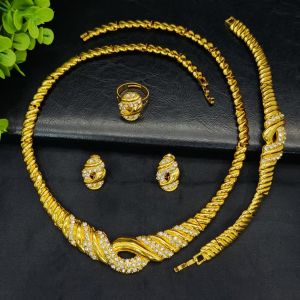 24K Minimalist wave design Dubai gold alloy European and American style necklace earrings bracelet and ring four-piece set   Brides Wedding Accessories