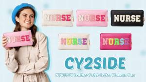 Túi đựng mỹ phẩm CY2SIDE NURSE - Túi mỹ phẩm đính chữ chenille trắng Túi du lịch đính miếng da PU đen Túi đựng đồ du lịch chống thấm nước có khóa kéo tiện lợi Hộp đựng đồ du lịch Quà sinh nhật cho nữ y tá