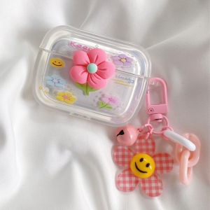 Airpods Pro Case for Airpods 12 3 GenerationCute Pink Flower smiley Transparent Silicone Earphone Case Aesthetic accessoriesAirpods Cover with Exquisite Pendant/Pearl Bracelet Gift for Girl