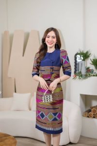 💙 S-2XL ชุดเข้าเซ็ท เสื้อ+ กระโปรง สีกรมท่า ผ้าฝ้ายทอลาย อัดผ้ากาวอย่างดี เสื้อแขนสามส่วน กระดุมหน้า ถอดได้จริง 💙