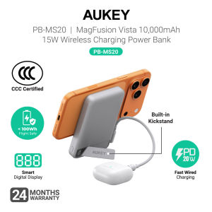 [3C | CCC Certified] Aukey PB-MS20 MagFusion Vista 10000mAh 15W Wireless Power Bank w Built in Cable (24 Months Warranty)