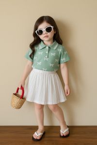 setelan anak perempuan dengan rok bahan knit motif pita 06 bulan sampai 6 tahun