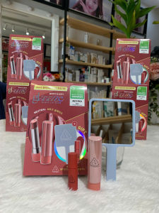 Set Son Dưỡng Có Màu 3CE Glazy Lip Glow 32g màu 34 Rose Glaze - Hồng Khô (tặng kèm son mini 03 daffodil+gương)