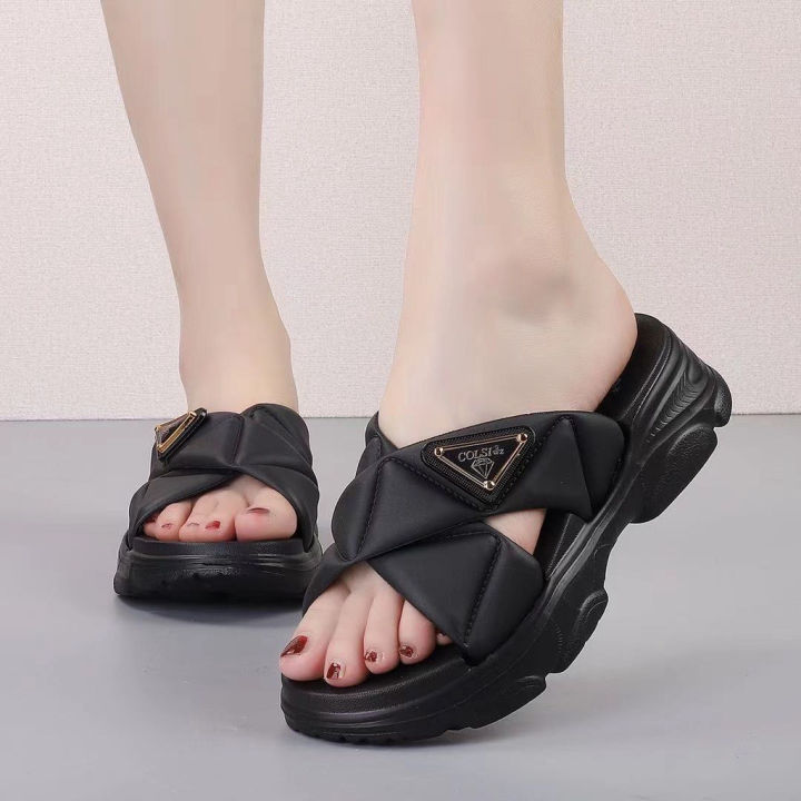 2023 Summer Ladies Cross Strap Slippers Women Outerwear Atmospheric Simple Roman Sponge #9968