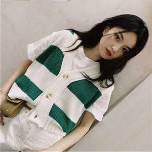 Cherry 50028เสื้อไหมพรมแขนกุด เสื้อกั๊กลายทางคอวี สไตล์เพรพพี็