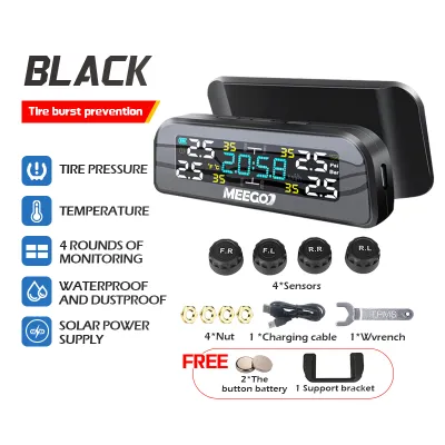 【✅SG stock】Solar-Powered TPMS Monitor with LCD Display Safety Tire Pressure Alarm & 4 External Sensors