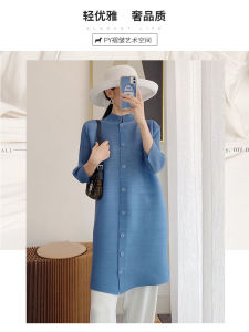 NOVA quality❤ Miyake pleated single-breasted trench coat ❤ spring and autumn stand-up collar temperament jacket three-quarter sleeves versatile mid-length cardigan
