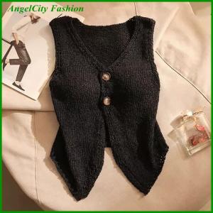 AngelCity Fashion Store Summer Women Fashion Solid Color Chic Buttons V-neck Sleeveless Knitted Camisole