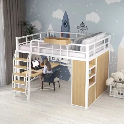Hongzhe Nordic Loft Bed Iron Frame Multi-Functional Space-Saving with Under-Bed Desk Storage Capacity Guardrail Customization Supported 1350x2000mm/1800x2000mm/1000x1900mm/1200x2000mm/1500x2000mm