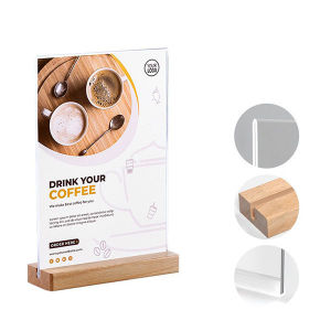 1 PCS Acrylic Vertical Display Stand A4/A5/A6 Wooden Base Double Sided Clearing Menu Advertising Shelf Desktop Information Display Rack