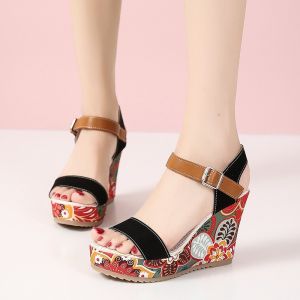 [Free Shipping] New Plus-Size WomenS Shoes High-Heeled Sandals WomenS Wedge Heels With Embroidered Details Single-Strap Design Open-Toe Style And Thick Soles