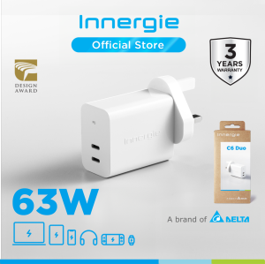 Innergie C6 Duo 63W 2-port USB-C Charger Support USB PD 3.0 (PPS) / QC 4.0 / Samsung Fast Charge for Samsung S24/ iPhone 16 / iPhone 15 / iPad Pro / MacBook Pro Air 13 Inch / Windows Laptop (Delta Electronics)