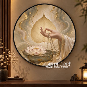 Tranh treo tường hình lá bồ đề hoa sen tay niệm Phật phong cách thiền tông tròn TT127