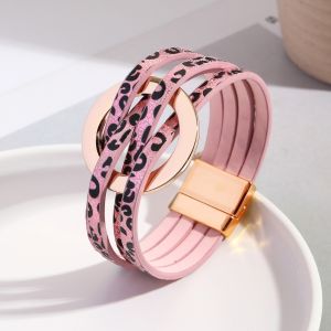 BELLETEN ic Snap Leopard Print Leather Bracelets Bohemian Adjustable Hollow Circle Bracelet Fashion Wide Wrap Circle Cross Bracelet for Women