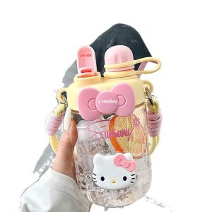 แก้วพร้อมหลอดพลาสติกแบบพกพาสำหรับเด็กผู้หญิงกระบอกน้ำ Hello Kitty แบบดื่มได้สองชั้นสำหรับฤดูร้อน