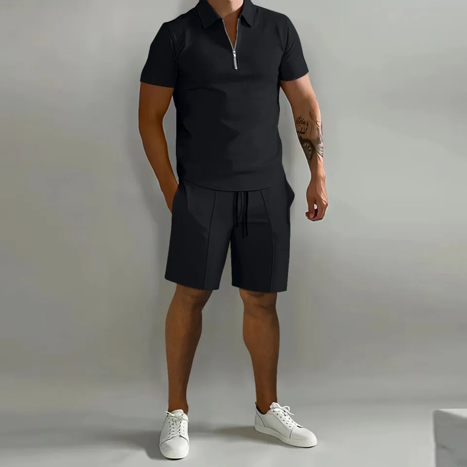 Men's Polo Shirt and Shorts Set Summer Outfits Solid Fashion Casual Short  Sleeve Polo Suit Men 2 Piece Shorts Tracksuit 