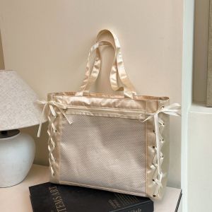 CRNGW Large Capacity Sweet Ita Tote Bag Bow Ribbon Clear Front Pocket Transparent Shoulder Bag Y2K DIY Women Ribbon Handbag Commuting Use