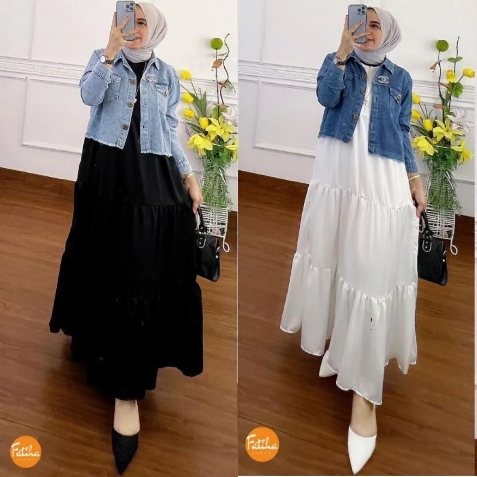 Gamis Ghina Set Jaket Jeans Model Terbaru 2022 Baju Muslim Korean