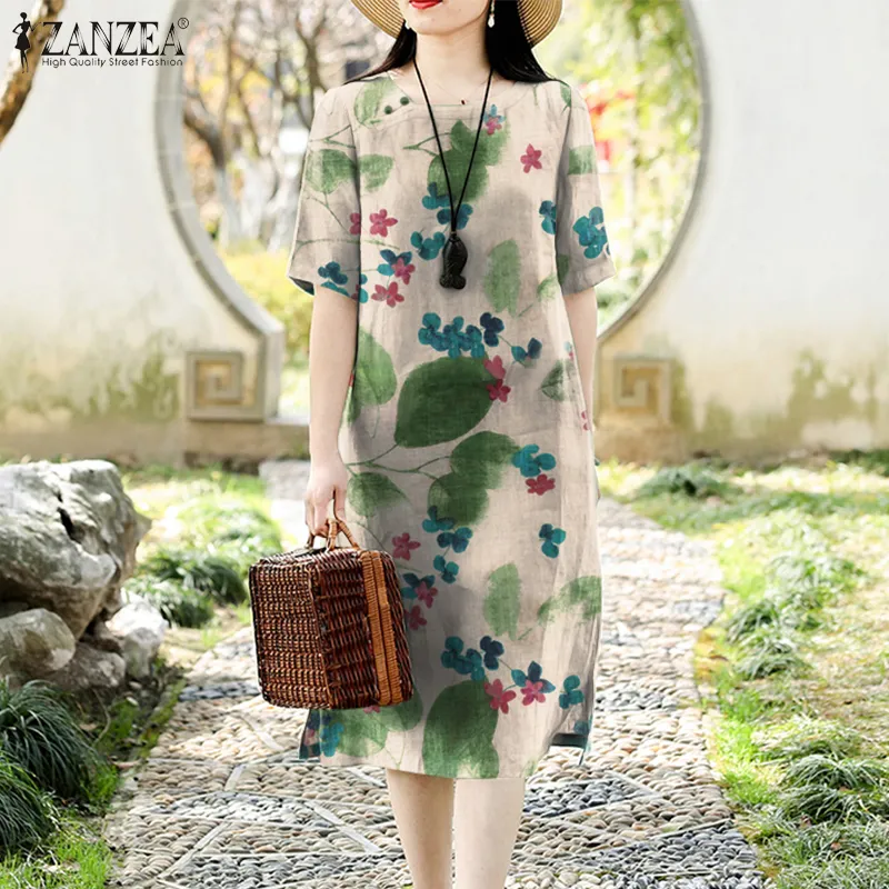 ZANZEA Women's Dresses Vintage Holiday Floral Short Sleeve O-Neck Casual  Cotton Linen Loose Midi Dress #7