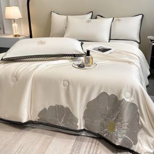 SET 4 MÓN CHĂN CHẦN HÈ+ GA GỐI PHI LỤA THÊU HOA PHỐI VIỀN NHẬP KHẨU CHIIBEDDING