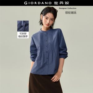 Giordano Women Detachable ribbon band collar tartan shirt Free Shipping 18346325