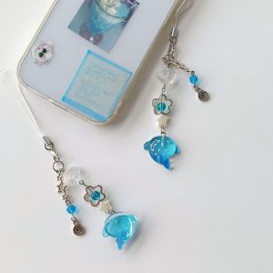 TUO29 Y2K độc đáo Dây đeo điện thoại di động Động vật biển Chủ đề Đại Dương Dây đeo điện thoại Ba lô Móc khóa đính cườm trang trí điện thoại hình cá mập Phụ kiện điện thoại