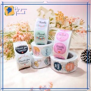 Sticker Thank You Roll Isi 500Pcs Self Adhesive Seal Label Roll Sticker Thank You 2Cm Stiker Ucapan Terimakasih Bulat Tempel Segel Order Packing Motif Bunga Love Serbaguna