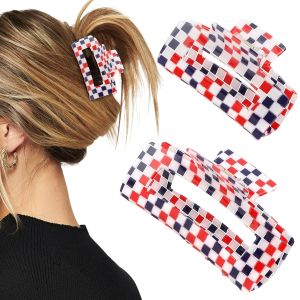 4th of July Hair Claw Clips for Independence Day Patriotic Accessories Red White Blue American Flag Checkered Claw Clips for USA Hair Accessories Outfit (2Pcs)