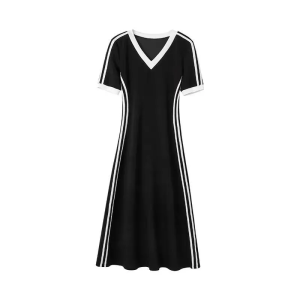 Womens Dress V-Neck Short-Sleeved Contrast Color Slim-Fit A- Line Long Dress Stitching Design Sense Simple Commuting Leisure Gentle Age-Reducing Elegant Fashion All-Match Korean Style High Elastic Long Dress