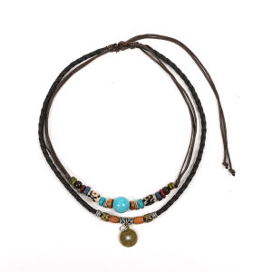 Double Layers Leather Rope Necklace Vintage Ethnic Style Coin Pendant Necklace Turquoise Bead Charms Choker Jewelry Gift