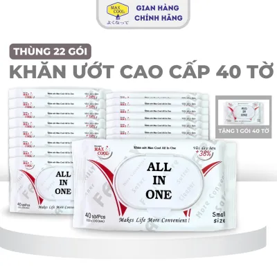 Thùng 22 Gói Khăn ướt Max Cool ALL IN ONE 40 tờ không hương size vừa vải bi dày dặn - Hàng chính hãng