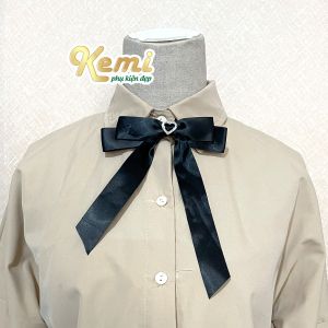 Tag nơ cài áo sơ mi handmade ruy băng phối tim đá ghim cài áo thanh lịch