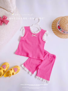 Bộ thun tăm siêu co giãn mềm mại phối ren nơ xinh xắn cho bé gái 8 - 20kg