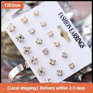 【Local shipping】 Fashion Simple 9 Pairs set Mix Stud Earrings Set Square Geometric Earrings For Women New Rhinestone Crystal Earrings Jewelry
