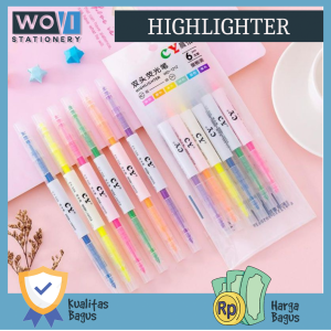 [WOVI STATIONERY] Highlighter 2 in 1 isi 6pcs / Stabilo Warna-warni 2 sisi 6 warna [SET]