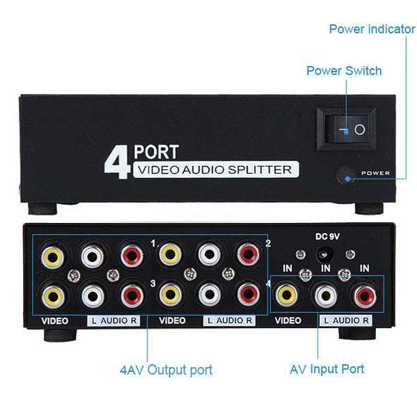 4 Port AV Audio Video RCA 4 Input 1 Output Switcher Switch Selector ...