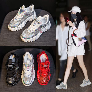 MIKEJIE Spring Womens Chunky Sneakers Fashion Women Platform Shoes Bling Sequined Lace-Up Vulcanize Shoes Female Trainers Dad Shoes