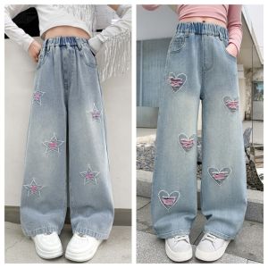 130-160cm กางเกงยีนส์เด็กผู้หญิง กางเกงขายาวเด็กแฟชั่น การปักเทรนด์ สวมใส่ด้านนอก ใหม่ ผ้าคุณภาพดี 7-15 ขวบ