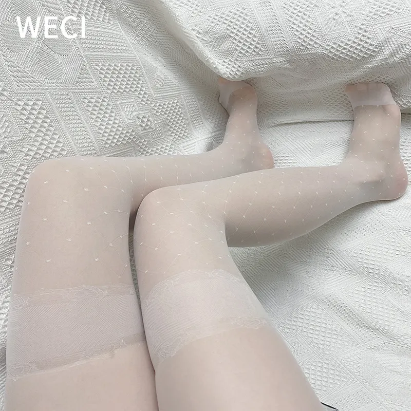 WECI Striped Plaid Stockings Cute Lace Kawaii Pantyhose Girls Seamless  Polka Dot Tights Patterned Woman Meshes Socks Black White