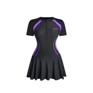 LYSEACIA M-5XL Plus Size Ruffle Swimsuits for Women Modest Beach Dress One Piece Swimwear UPF 50+ Female Surfing Swimming Clothes Short Sleeve Zipper Neck Swim Dresses Bathing Suit Boyshort