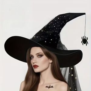 TWCEJE168 Spider Bat Pendant Halloween Witch Hat With Veil Mesh Yarn Cover Cosplay Accessories Party Headwear Bendable Wizard Cap Halloween Party