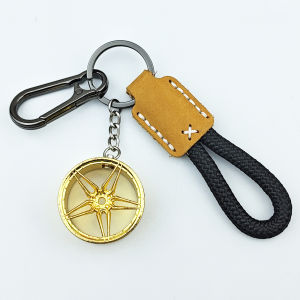 5-Spoke Wheel Rim Keychain with Braided Leather Lanyard for Car Enthusiasts