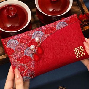 MIIQNUS Lời chúc mừng năm mới Phong bì Đỏ Thổ Cẩm Tua rua vải thổ cẩm Lễ Hội Mùa Xuân Túi đựng tiền 2025 Truyền thống Thêu Túi đựng tiền năm mới Đám cưới Trung Quốc