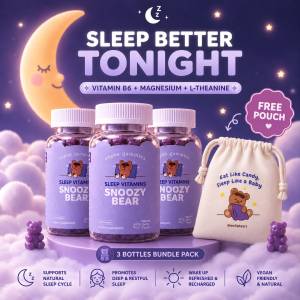 [3 BOTTLES VALUE PACK + FREE Pouch] Snoozy Bear Sleep Vitamin Bundle Pack 180s Vegan Gummies