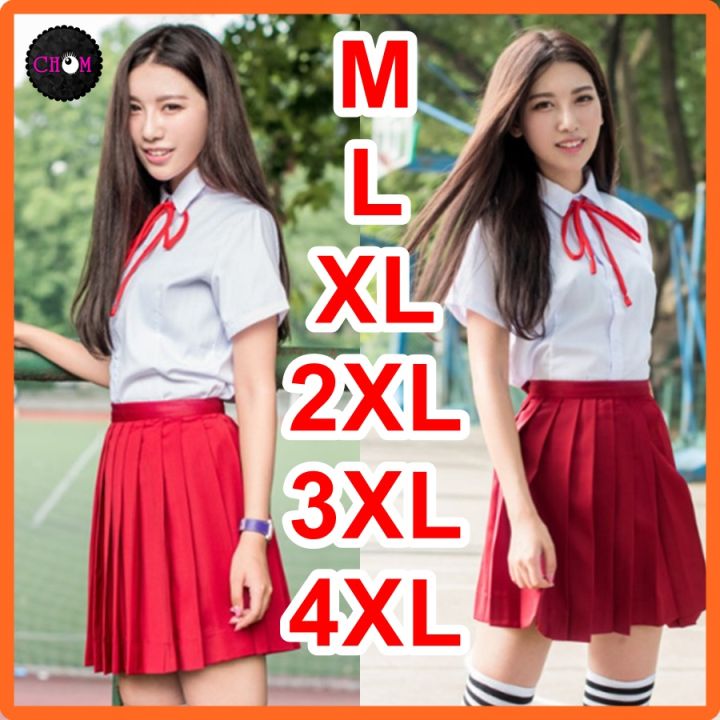 พร้อมส่ง ชุดนักเรียนกระโปรงแดง M-5XL ไม่โป๊ ชุดนักเรียน