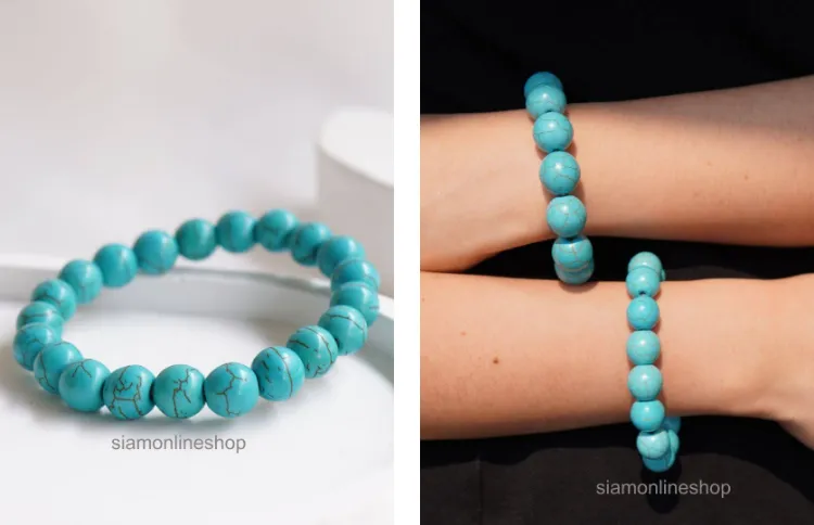TURQUOISE หินเทอร์ควอยส์ เลือกขนาดเม็ดหินได้ (4-16 มม.) หินแห่งพลังอำนาจ สร้อยข้อมือหินแท้